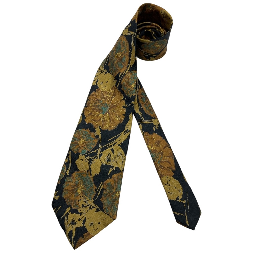 ALTEA Black/Brown/Gold Floral Leaf Silk LUXURY Tie ITALY